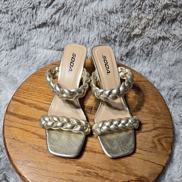 SODA Retro Y2K Womens Size 7.5 Basil Heels Metalic Gold Braided Straps Sandals - Picture 1 of 7